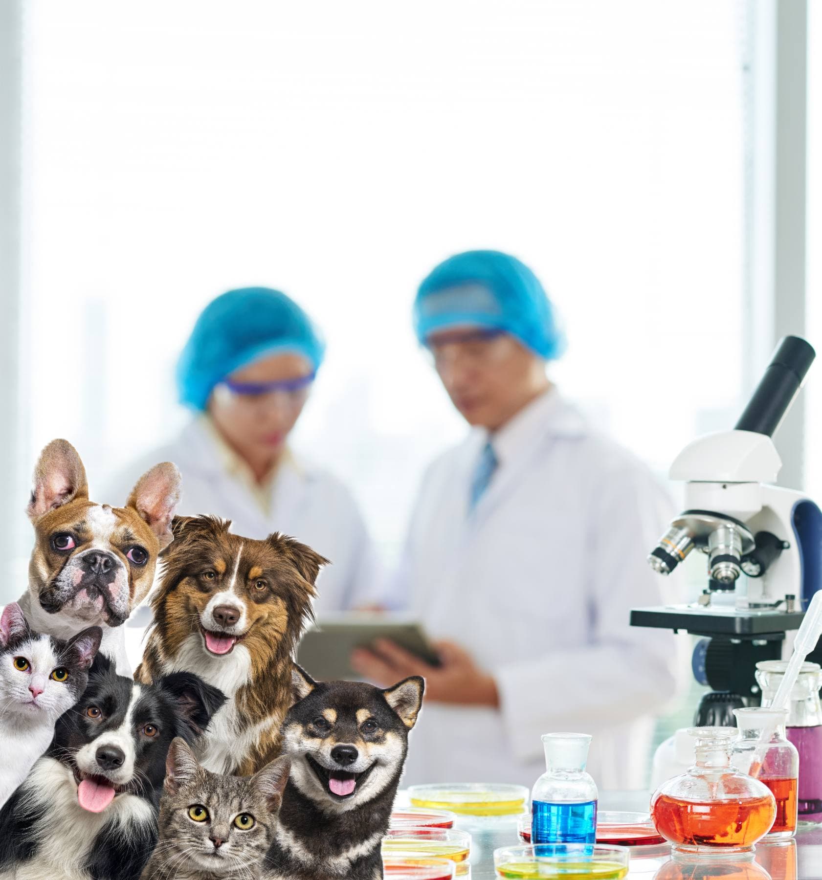 Pets in front of a veterinary lab